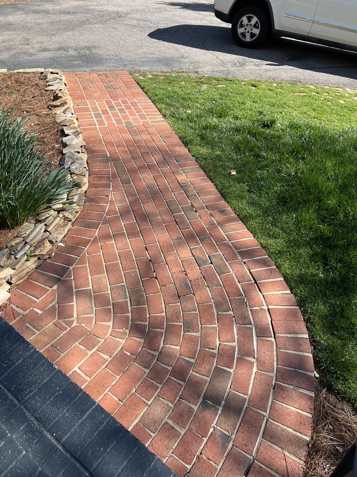 Curved red brick walkway beside a lawn and driveway