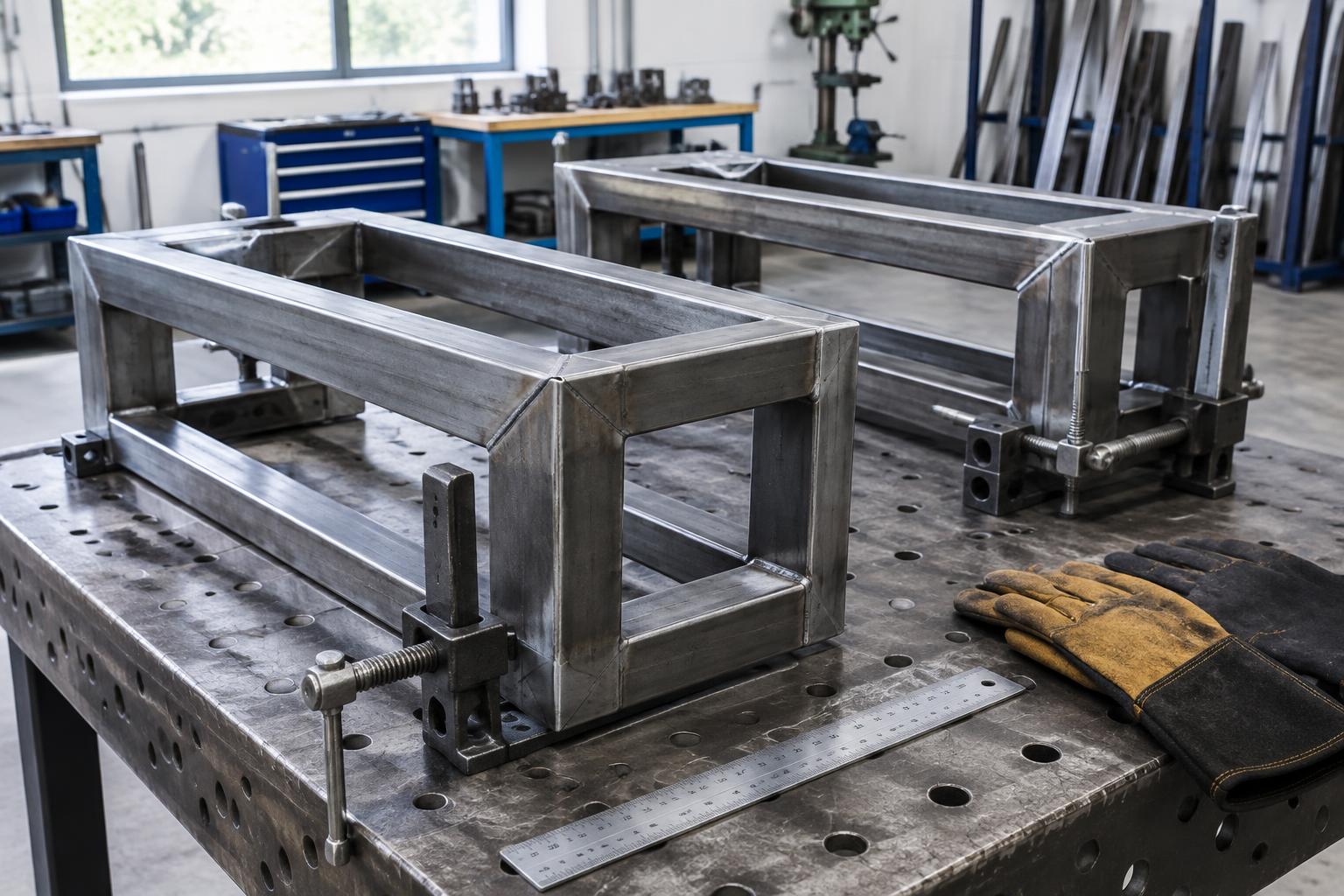 Illustrative steel fabrication assemblies clamped on a workshop welding table
