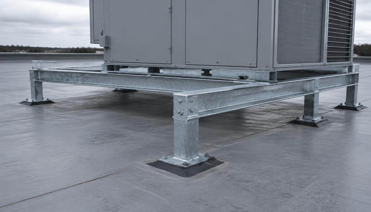 Illustrative unbranded rooftop mechanical unit on galvanized steel dunnage