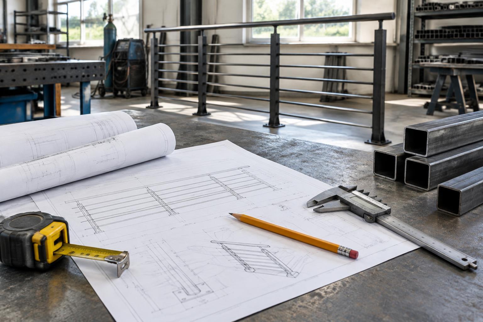 Illustrative project plans, measuring tools and steel tubing on a fabrication workbench
